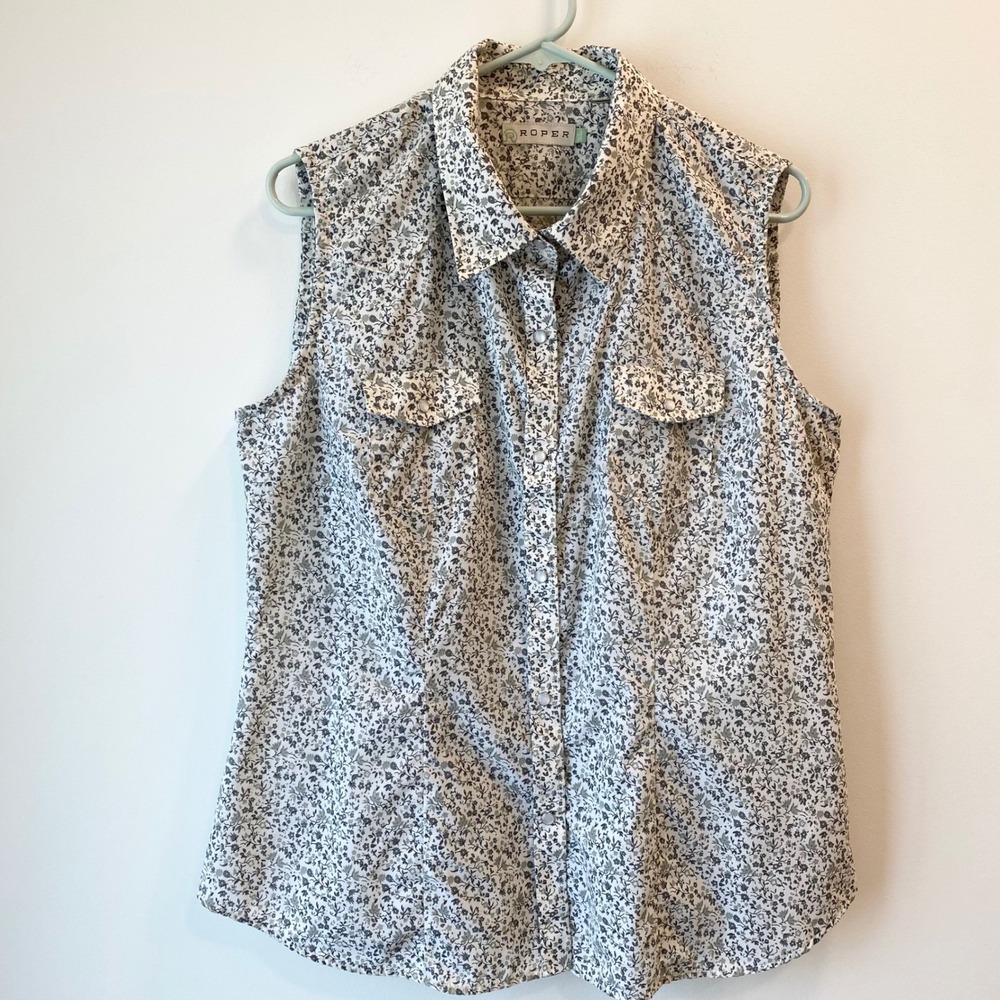 Roper Shirt Womens XL Floral Sleeveless Pearl Snap Front Western Cottagecore